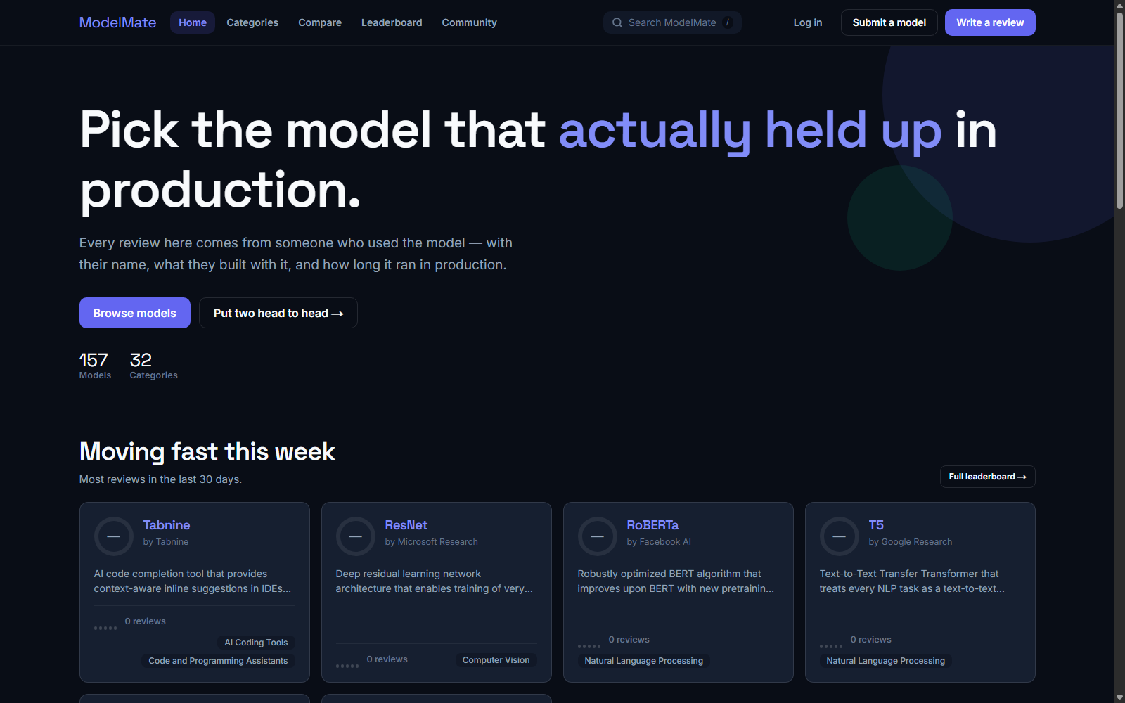 Homepage / model leaderboard (live site)